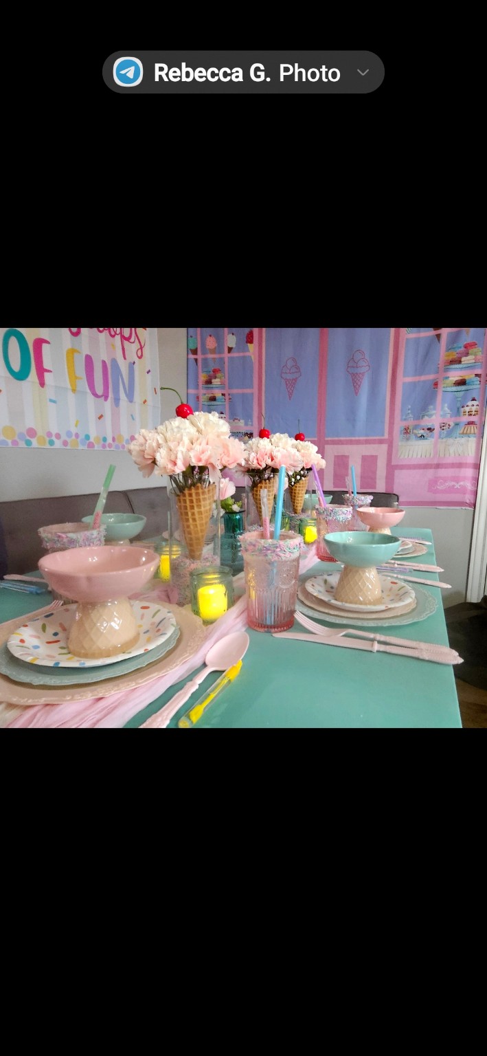 Ice cream birthday table with cone floral centerpieces
