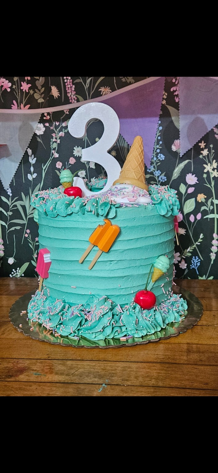 Three Scoops of Fun turquoise birthday cake