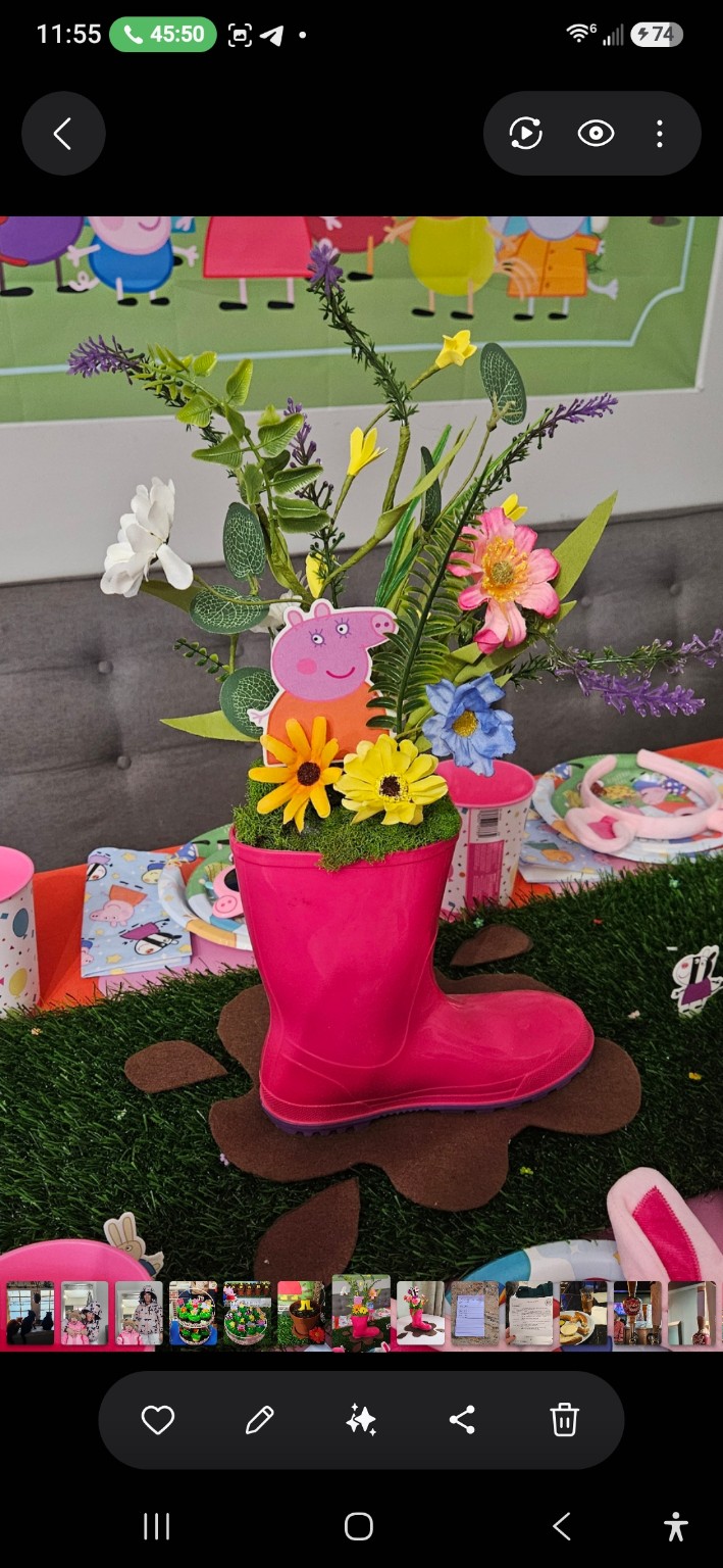 Peppa Pig floral rain boot centerpiece