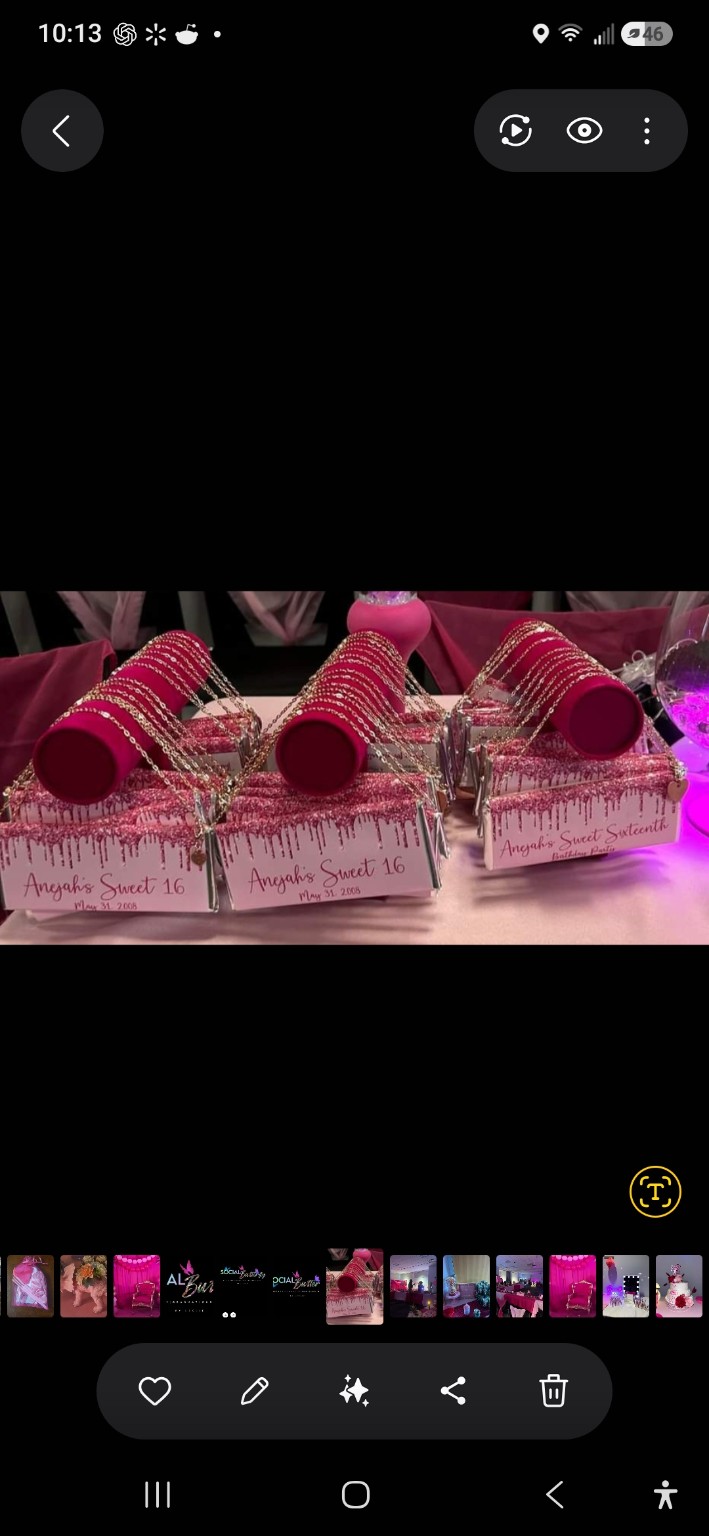 Pink Sweet 16 candy-bar purses with cylindrical handles, gold chains, and personalized labels