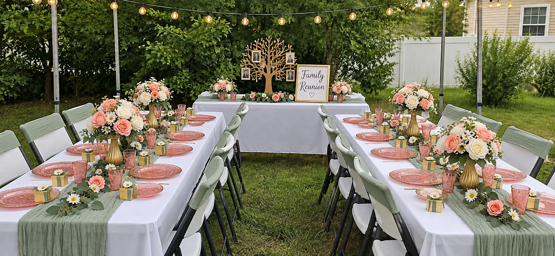Family reunion concept with sage linens, coral and white flowers, gold accents, and a family-tree display