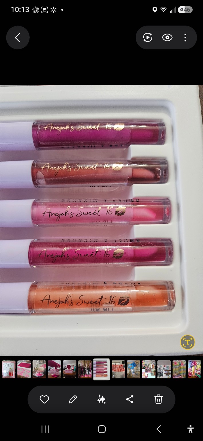 Personalized lip gloss favors labeled for Anejah’s Sweet 16