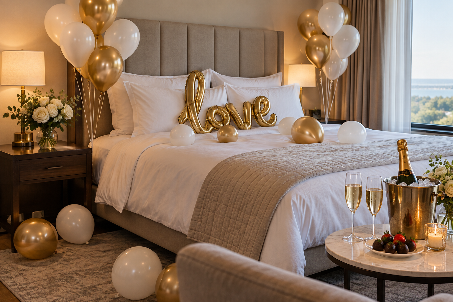 Romantic hotel room with gold and white balloons, flowers, and bubbly