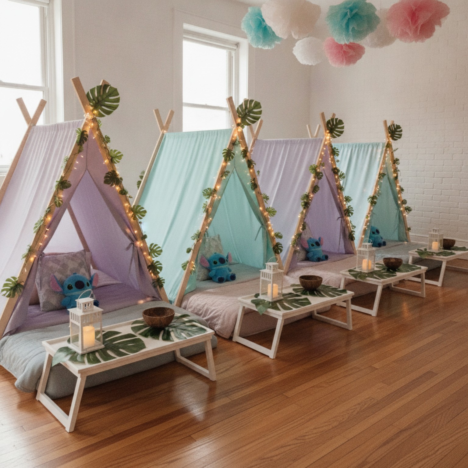 Stitch themed slumber party with aqua and lavender A-frame tents